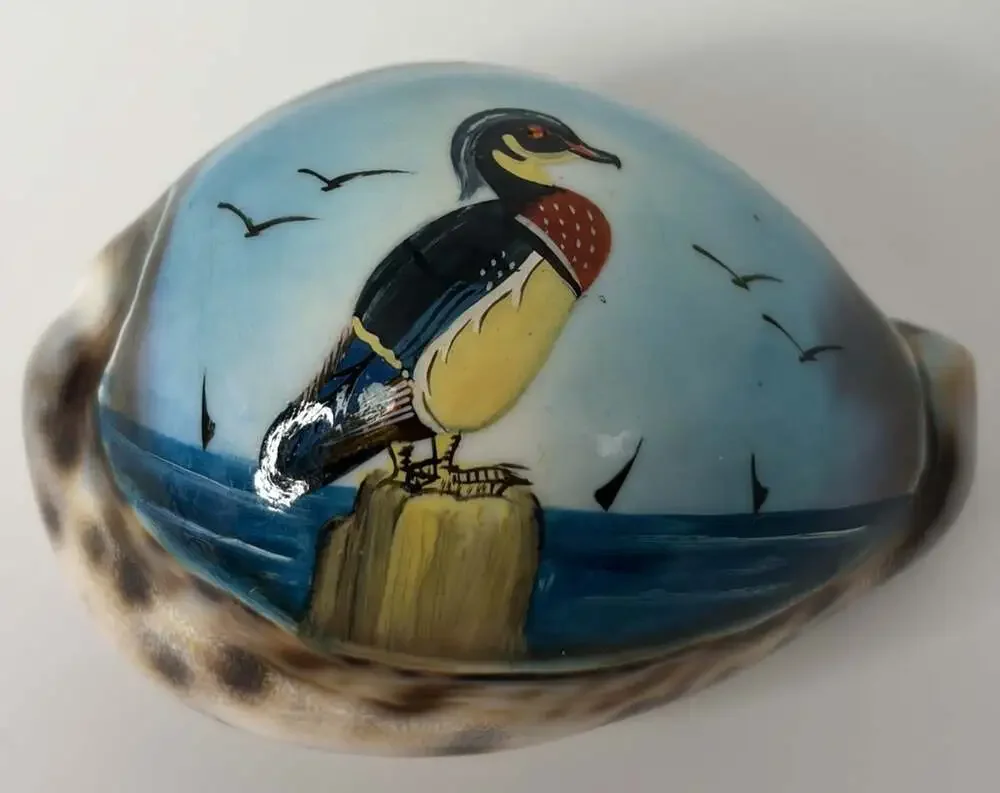 Vintage Hand painted Tiger Cowrie Shell W/ Birds 3”x2”x2”